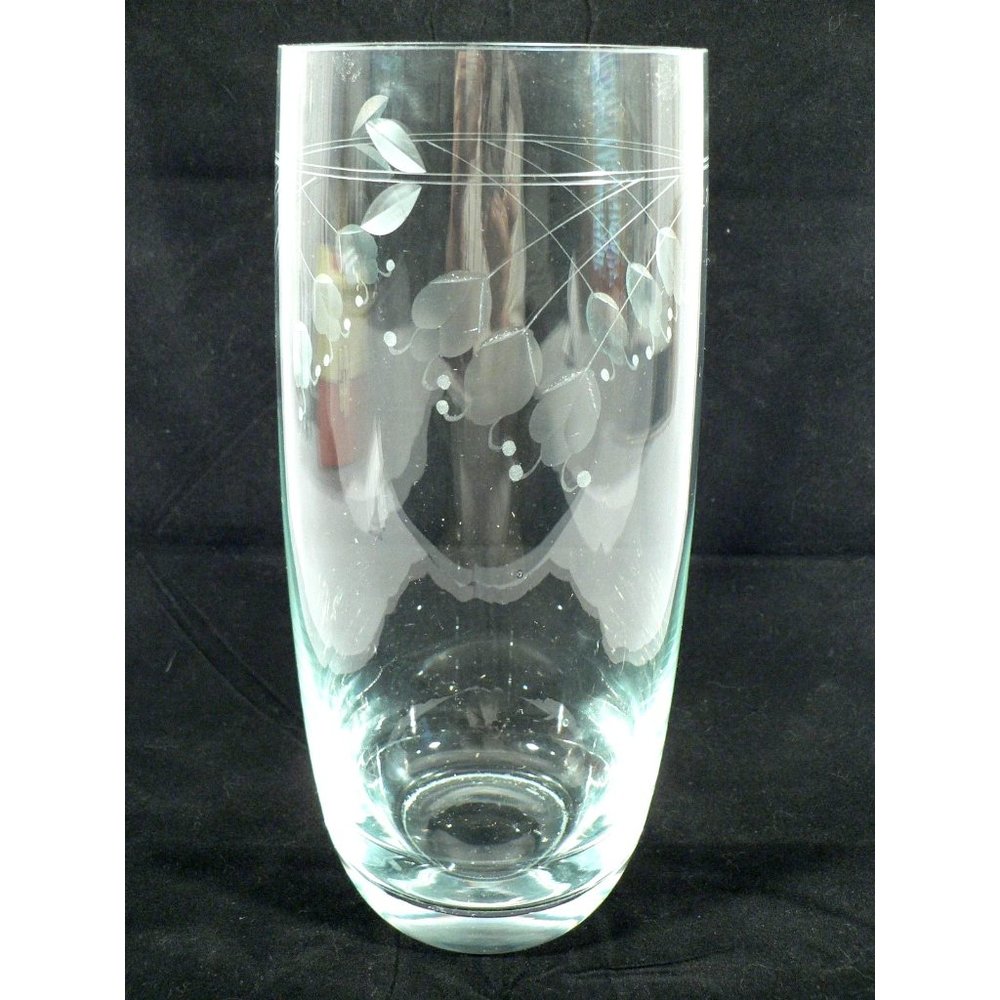 Vase Etched Cylinder Clear Crystal Floral Design Vintage 10.75"